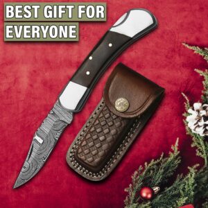 Handmade Damascus Pocket Knife for Men - 7 Inch Damascus Folding Knife with Sheath, Steel Bolster, Pocket Knives and Folding Knives with Back Lock, Pakkawood - Best for EDC, Camping and Hiking