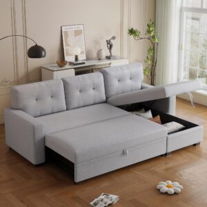 ACQCA 82" Convertible Sectional Sleeper Sofa with Storage Chaise, L Shaped Pull Out Couch Bed with 3 Tufted Back Cushion for Living Room, Apartment,Office,Light Gray