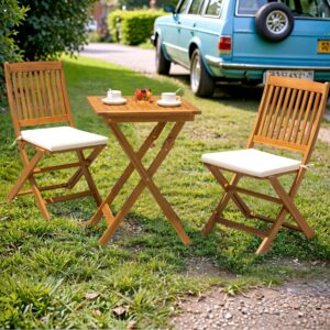 JUMMICO 3 Piece Folding Patio Chairs Outdoor Acacia Wood Bistro Set with Cushion Square Table and Chairs Porch Furniture for Balcony, Lawn, Deck