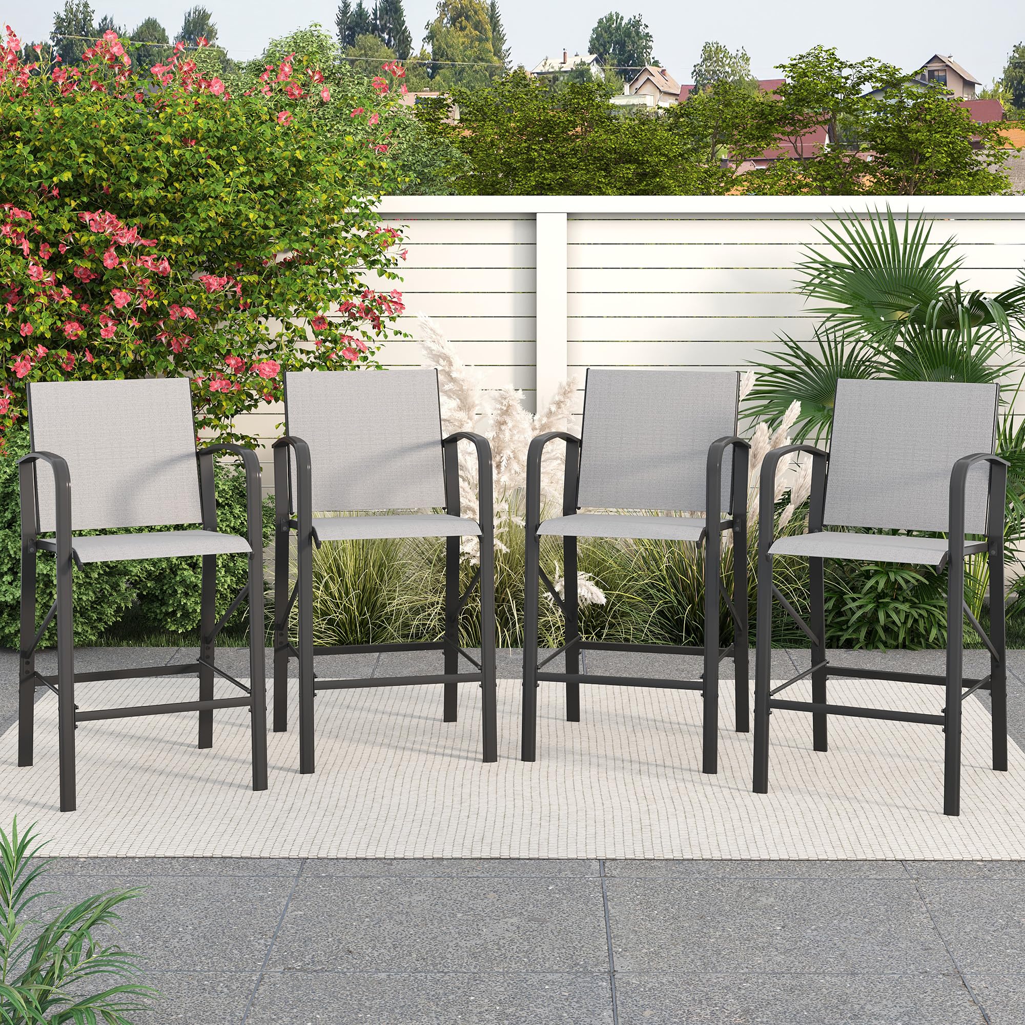 UDPATIO Outdoor Bar Stools Set of 4,Bar Height Outdoor Chairs with Back and Armrest,All Weather textilene High Top Bar Stools, for Backyard, Lawn Garden, Balcony(Grey White)