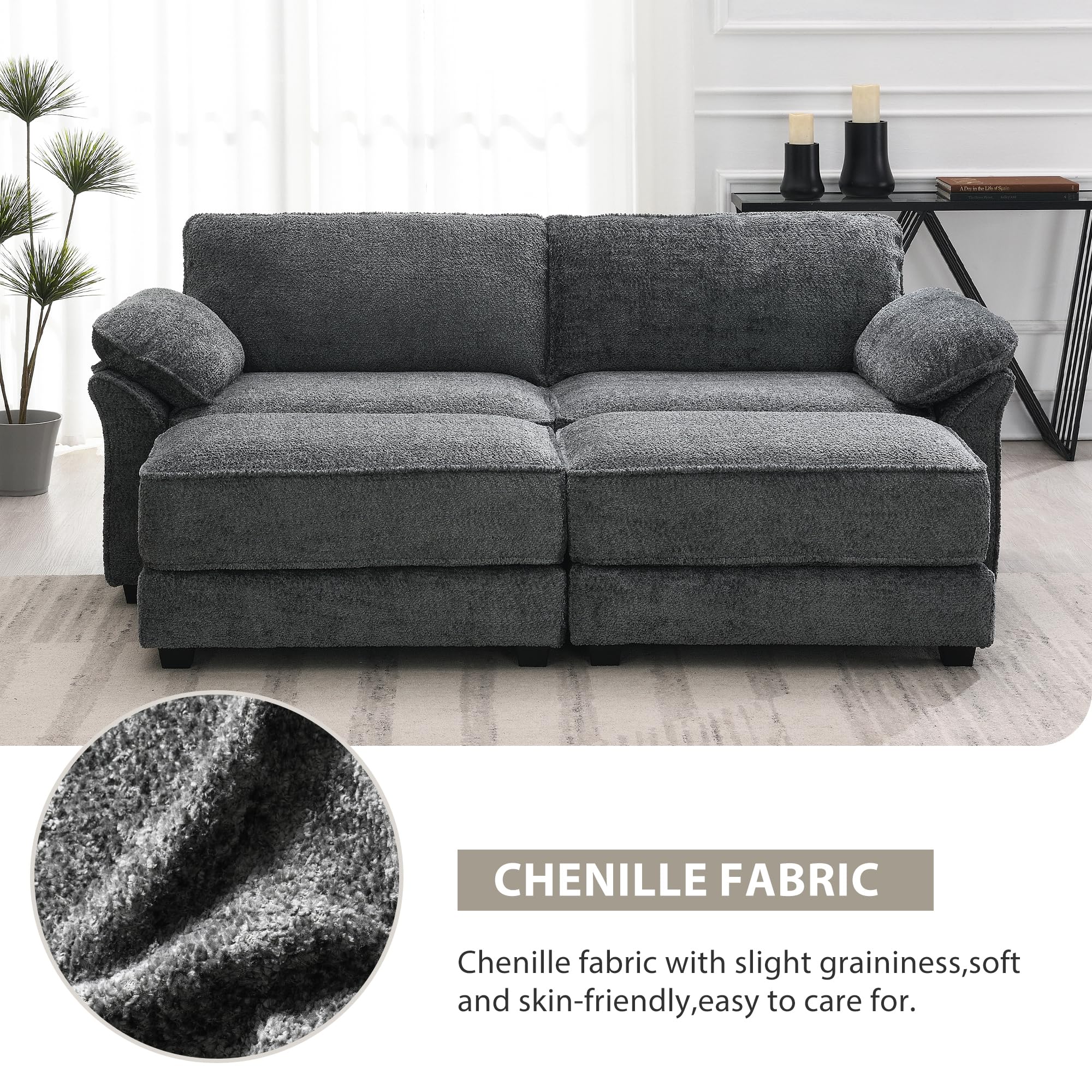 GNIXUU Deep Seat Sectional Sofa with 2 Ottoman, 81" Chenille Large Loveseat Sofa Sleeper, Double-Upholstered Comfy Boucle Cloud Couch for Living Room, Bedroom, Office, Apartment(Gray)