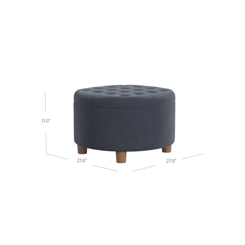 HomePop Home Decor | Button Tufted Velvet Round Storage Ottoman | Ottoman with Storage for Living Room & Bedroom, Steel Blue Velvet