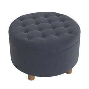 HomePop Home Decor | Button Tufted Velvet Round Storage Ottoman | Ottoman with Storage for Living Room & Bedroom, Steel Blue Velvet