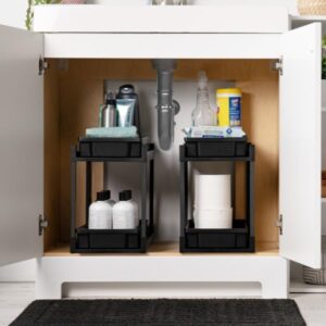 IRIS USA 2-Tier Under Sink Organizer, 2 Pack, Storage with Sliding Drawers - Versatile Solution for Office, Kitchen or Bathroom - Black