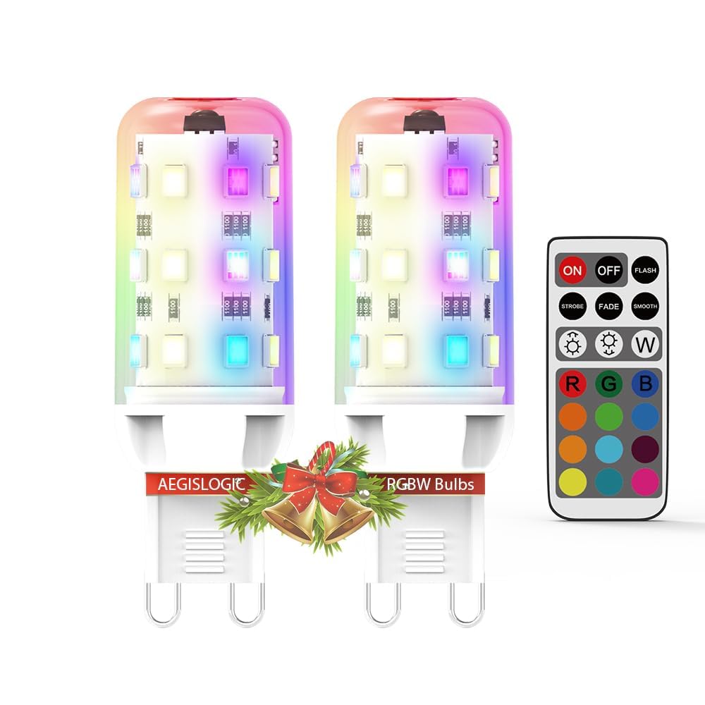 Aegislogic AEG G9 RGB Color Changing LED Bulbs, Remote Control & Dimmable, 2W Replaces 20W Halogen, 4 Moods, T4 Bi-Pin Base, 300LM, 3000K (2 Pack) - Color Changing Light Bulb with Remote