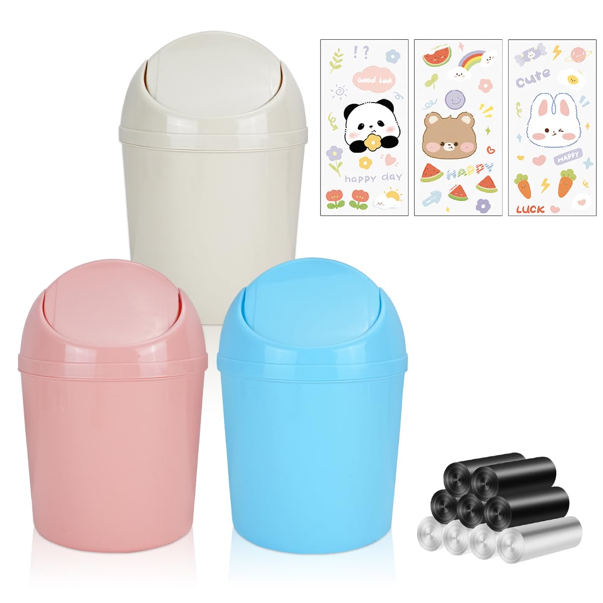 3 Pcs Mini Trash Can with Lid, Small Desktop Trash Can, Countertop Tiny Garbage Cans with 270 Trash Bags and 3 Cartoon Sticker, Portable Plastic Bin for Kitchen Home Bedroom Office (Blue, Beige, Pink)