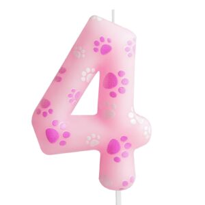 pink dog paw 4th birthday candles, happy birthday candles,pink dog paw print themed birthday candles numeral birthday cake topper for boy girl birthday decoration party supplie