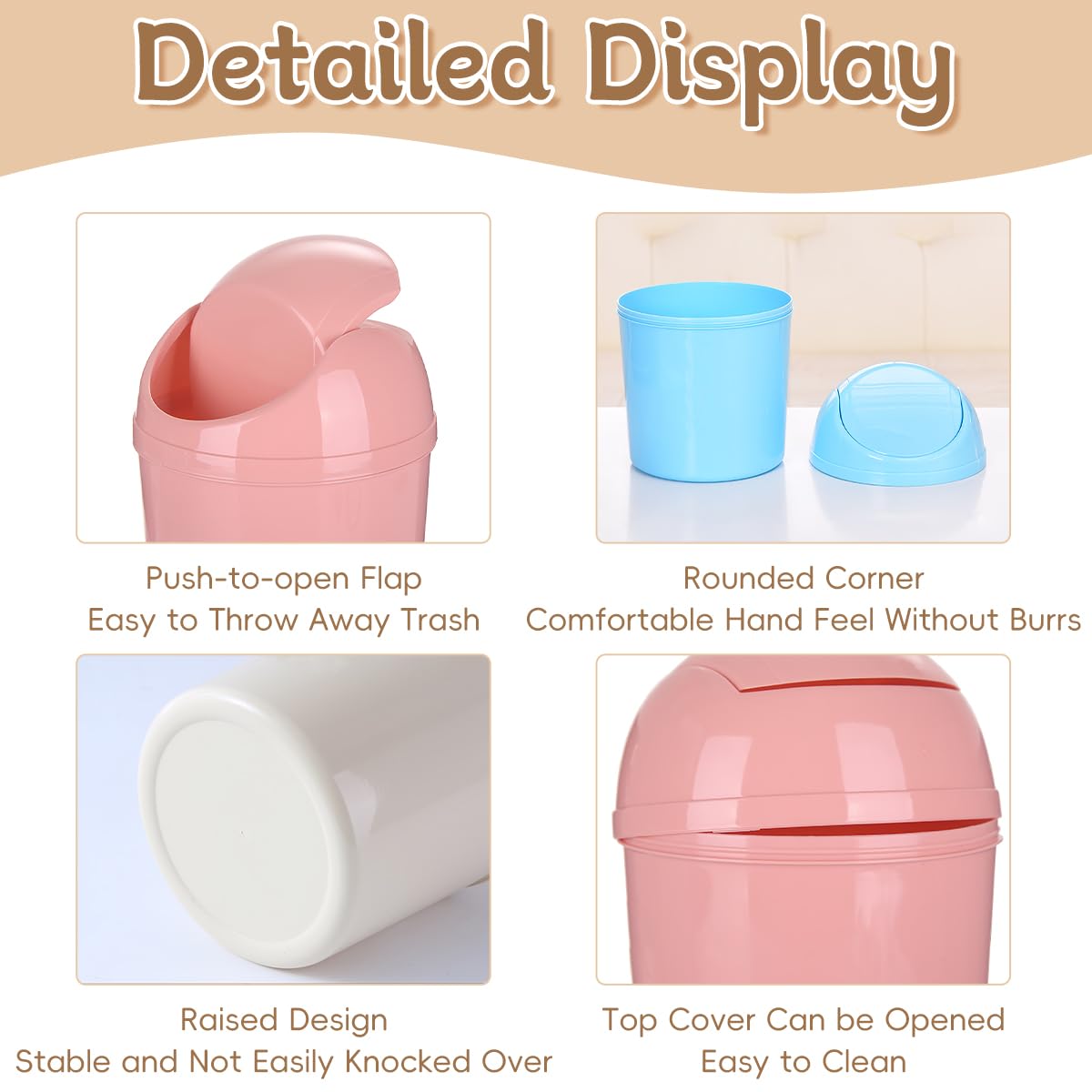 3 Pcs Mini Trash Can with Lid, Small Desktop Trash Can, Countertop Tiny Garbage Cans with 270 Trash Bags and 3 Cartoon Sticker, Portable Plastic Bin for Kitchen Home Bedroom Office (Blue, Beige, Pink)