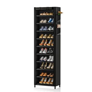 nuwfd 10-tier tall shoe rack organizer with dustproof cover - holds 20-22 pairs, vertical stackable shoe shelf for small spaces, for closet, entryway, or bedroom, black