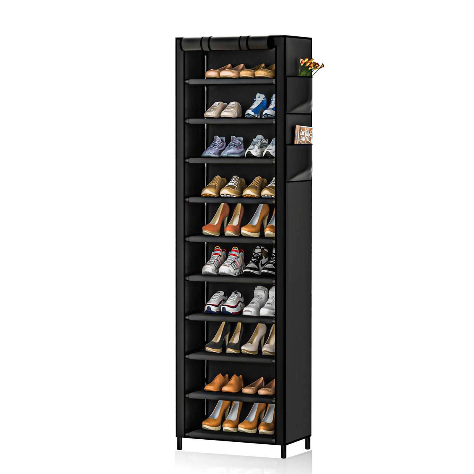 NUWFD 10-Tier Tall Shoe Rack Organizer with Dustproof Cover - Holds 20-22 Pairs, Vertical Stackable Shoe Shelf for Small Spaces, for Closet, Entryway, or Bedroom, Black