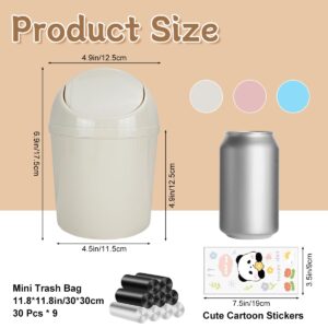 3 Pcs Mini Trash Can with Lid, Small Desktop Trash Can, Countertop Tiny Garbage Cans with 270 Trash Bags and 3 Cartoon Sticker, Portable Plastic Bin for Kitchen Home Bedroom Office (Blue, Beige, Pink)