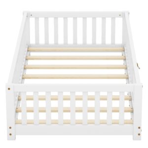 ACQCA Twin Size Floor Bed with Fence and Lockable Door, Wood Montessori Bed Frame with Slat Support for Kids,Boys,Girls,Easy Assembly, White