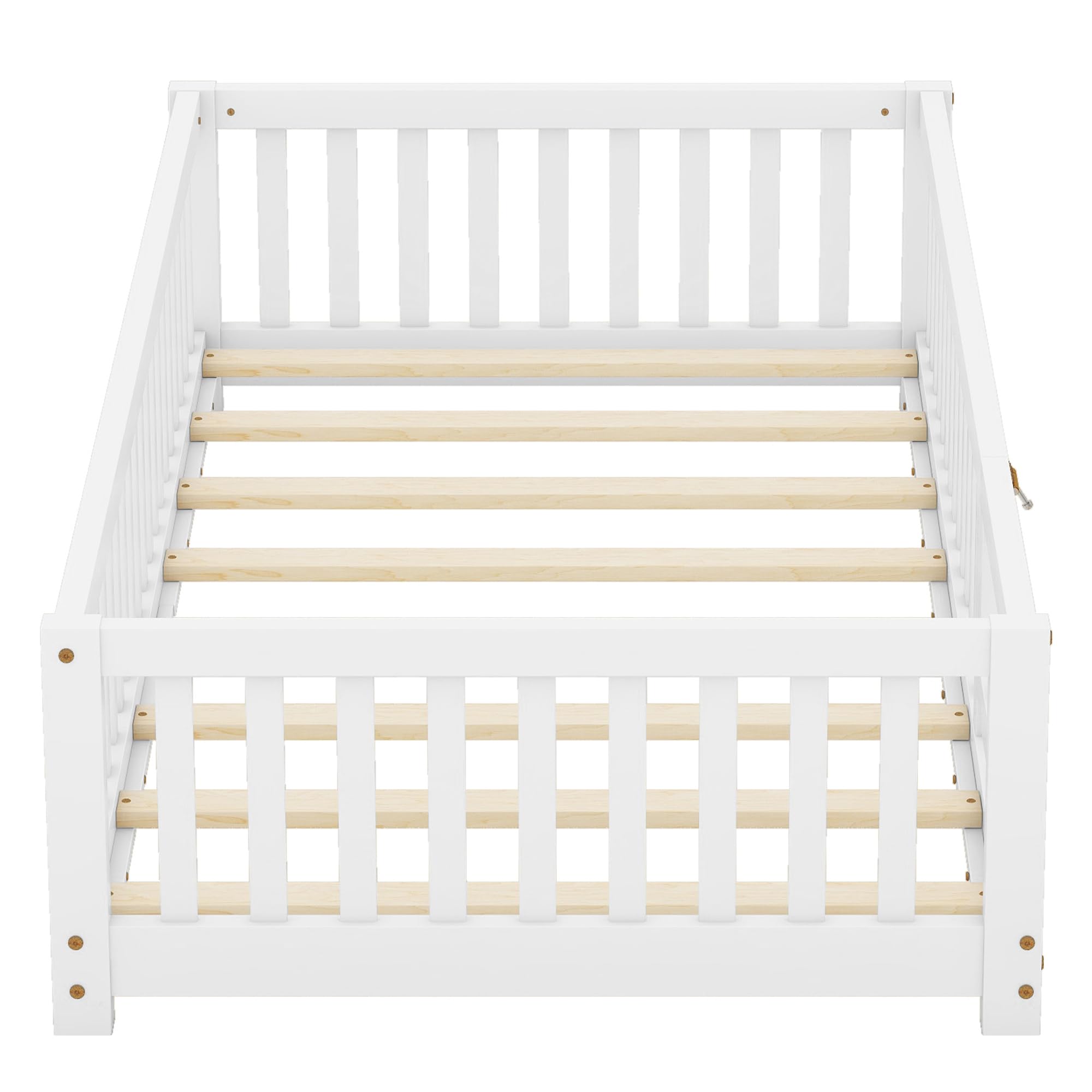 ACQCA Twin Size Floor Bed with Fence and Lockable Door, Wood Montessori Bed Frame with Slat Support for Kids,Boys,Girls,Easy Assembly, White