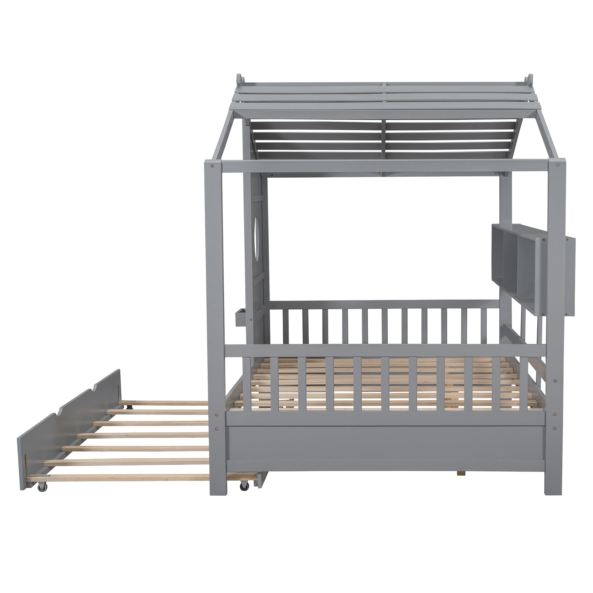 EOVTK Full Size Wooden House Bed with Trundle & Storage Shelves, Twin Kids Bed Frame with Roof, Strong Sturdy Wood Slats Support for Kids Girls Boys, Gray