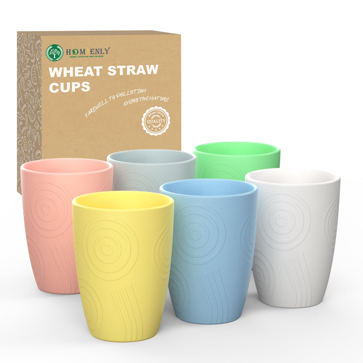 Homienly Wheat Straw Cups Reusable Drinking Glasses- Set of 6 Alternative to Plastic Cups 12 OZ Water Tumblers Unbreakable Drinking Cups for Kitchen,Kids Dishwasher and Microwave Safe (Macaron Series)