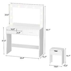 YESHOMY Vanity Desk with Mirror, Makeup Table with 11 Adjustable Lights and 2 Spacious Drawers, Soft-Padded Storage Stool, 3 Lighting Modes with Control, for Bedroom, White