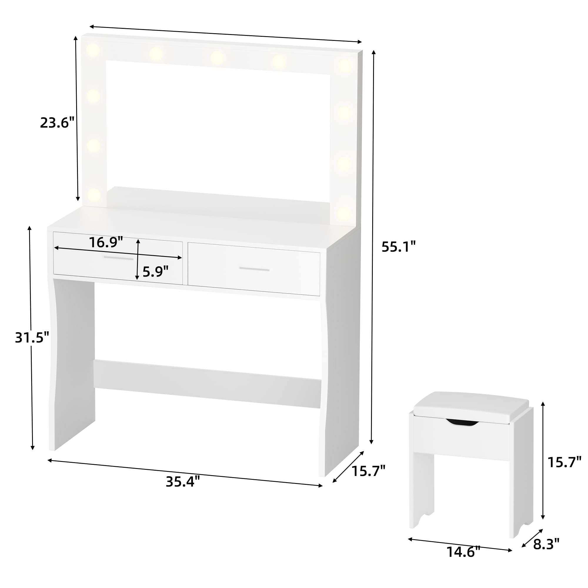 YESHOMY Vanity Desk with Mirror, Makeup Table with 11 Adjustable Lights and 2 Spacious Drawers, Soft-Padded Storage Stool, 3 Lighting Modes with Control, for Bedroom, White