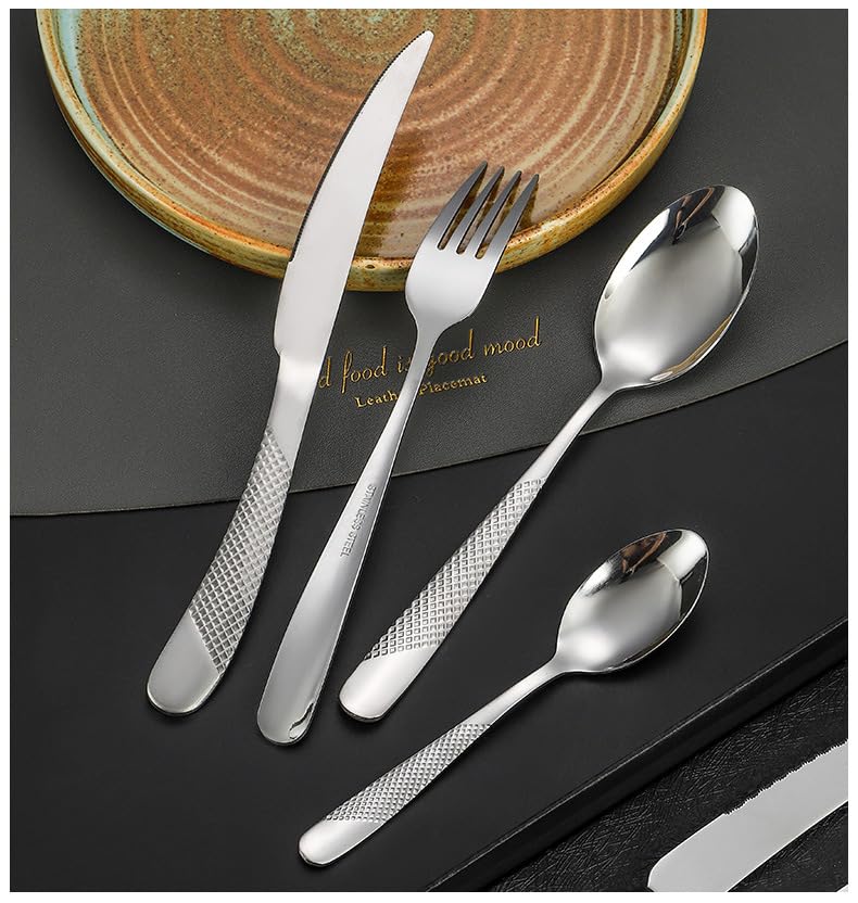 18/8 stainless steel flatware set for 8, tableware set handle France style cutlery set with knife, fork, spoon, steak knife in Diamond texture pattern, perfect as a housewarming gift