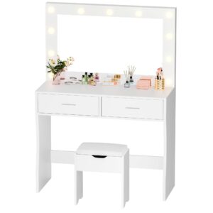 YESHOMY Vanity Desk with Mirror, Makeup Table with 11 Adjustable Lights and 2 Spacious Drawers, Soft-Padded Storage Stool, 3 Lighting Modes with Control, for Bedroom, White