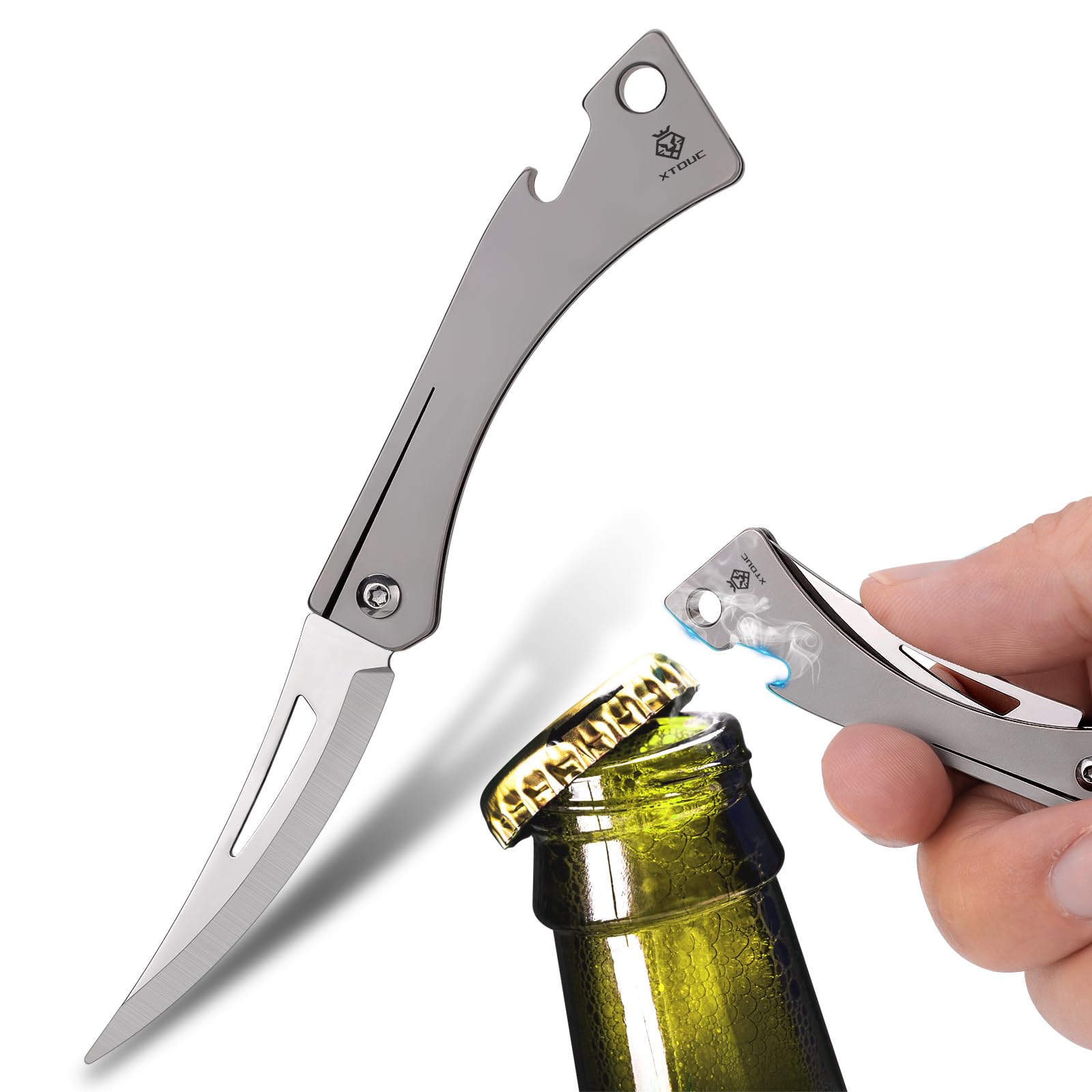 XTOUC Bottle Opener Knife, Titanium Handle Pocket Knife, Lightweight EDC Tool, Sharp Folding Blade for Everyday Cutting Tasks