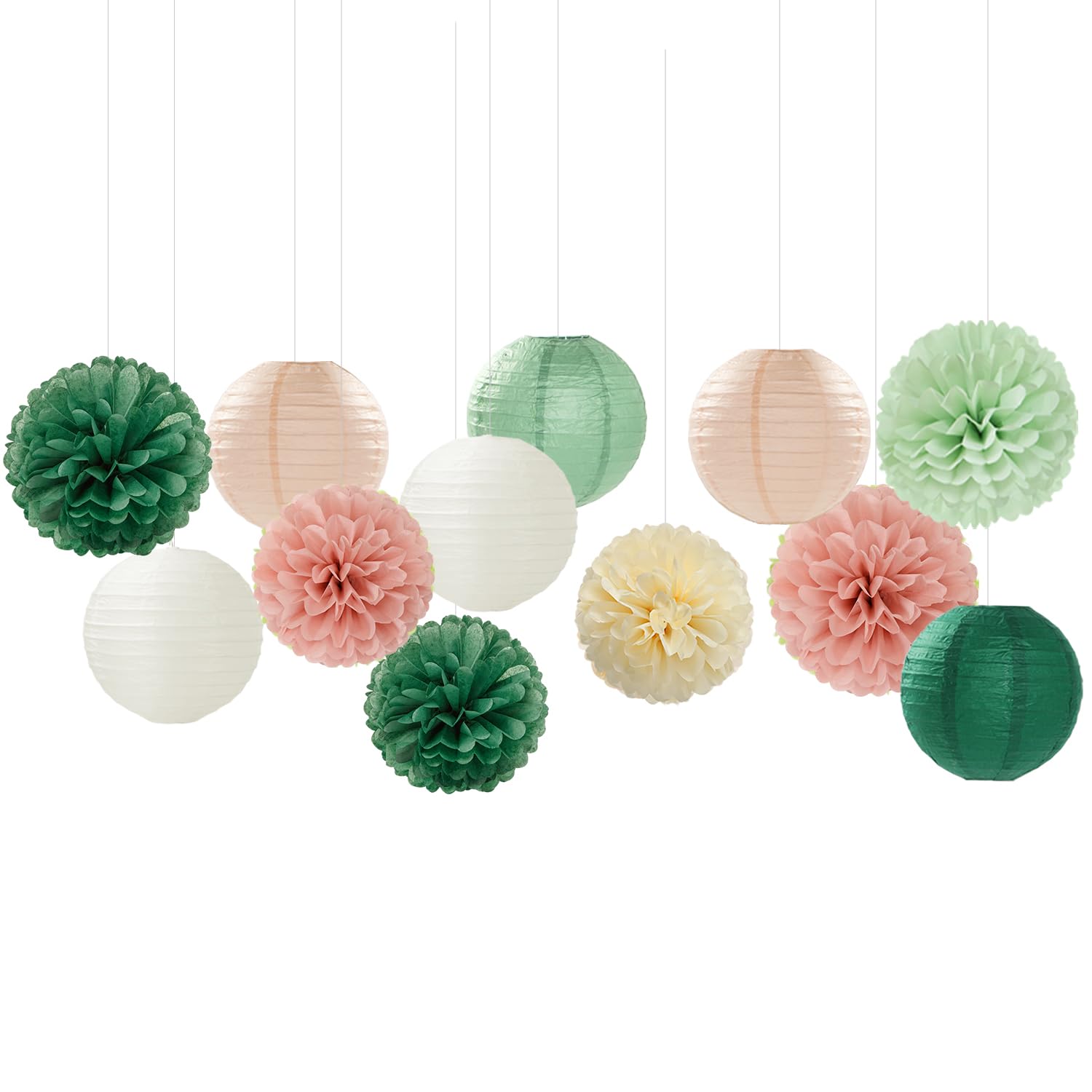 Sage-Green Pink Party-Decorations Paper-Flowers Lanterns - 15PCS Birthday Boho Rustic Tissue Pom Poms Streamers,Baby Shower Neutral Wedding Graduation Bridal Safari Hanging Supplies Decor Hugfond