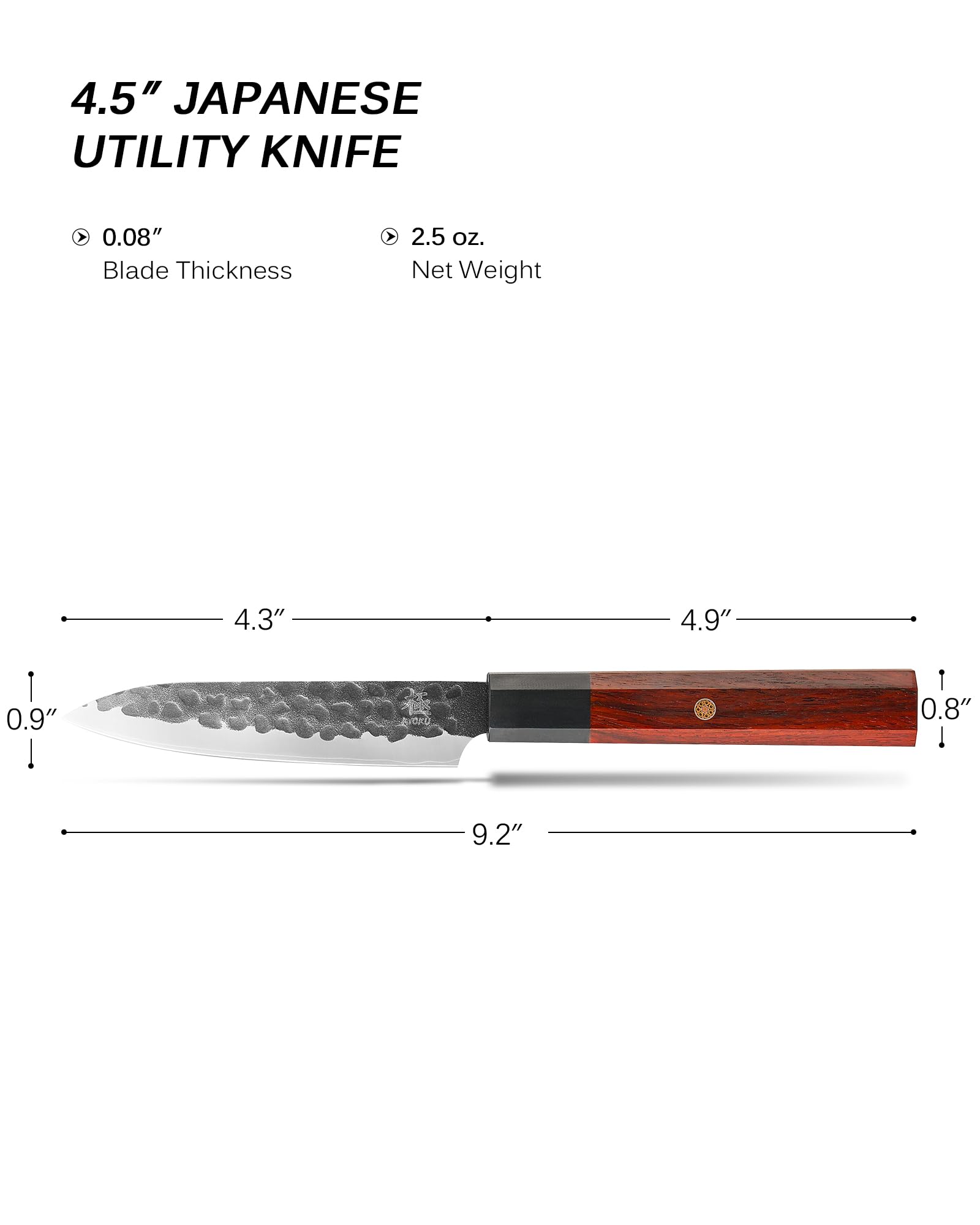 KYOKU 4.5" Utility Knife, Japanese Kage Series Tomato Knife with Rosewood Handle, Sharp 3 Layer High Carbon Steel Kitchen Knife with Gift Box for Meat Vegetable Fruit Cutting Slicing Chopping