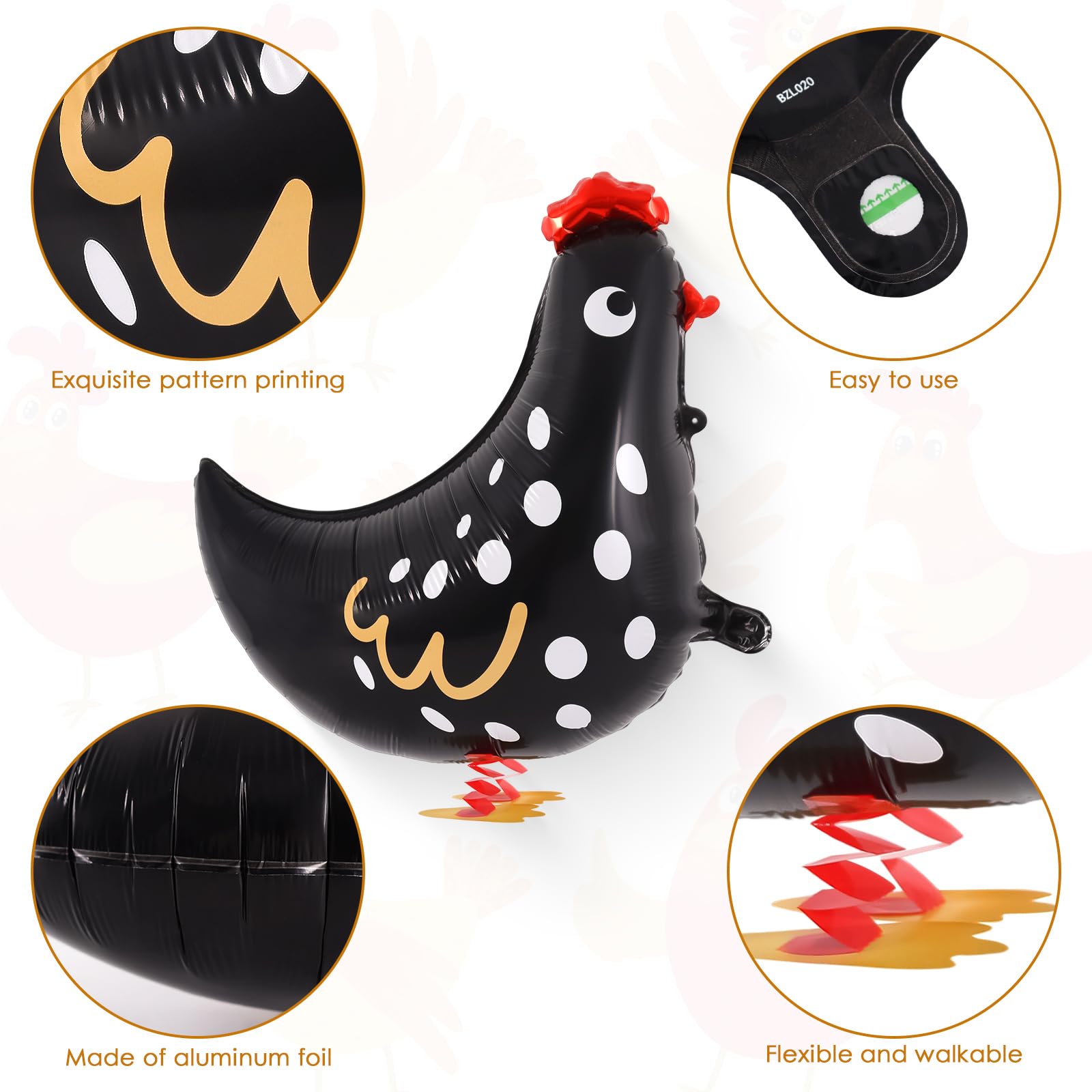 6 PCS Walking Chicken Balloons, Aluminum Foil Chicken Party Decorations White and Black Chicken Walking Balloons for Birthday Baby Shower Farm Animal Theme Party