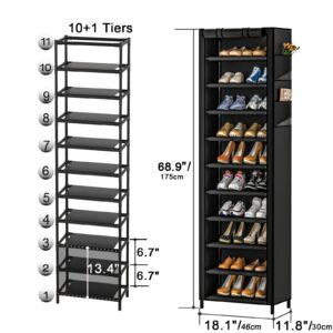 NUWFD 10-Tier Tall Shoe Rack Organizer with Dustproof Cover - Holds 20-22 Pairs, Vertical Stackable Shoe Shelf for Small Spaces, for Closet, Entryway, or Bedroom, Black