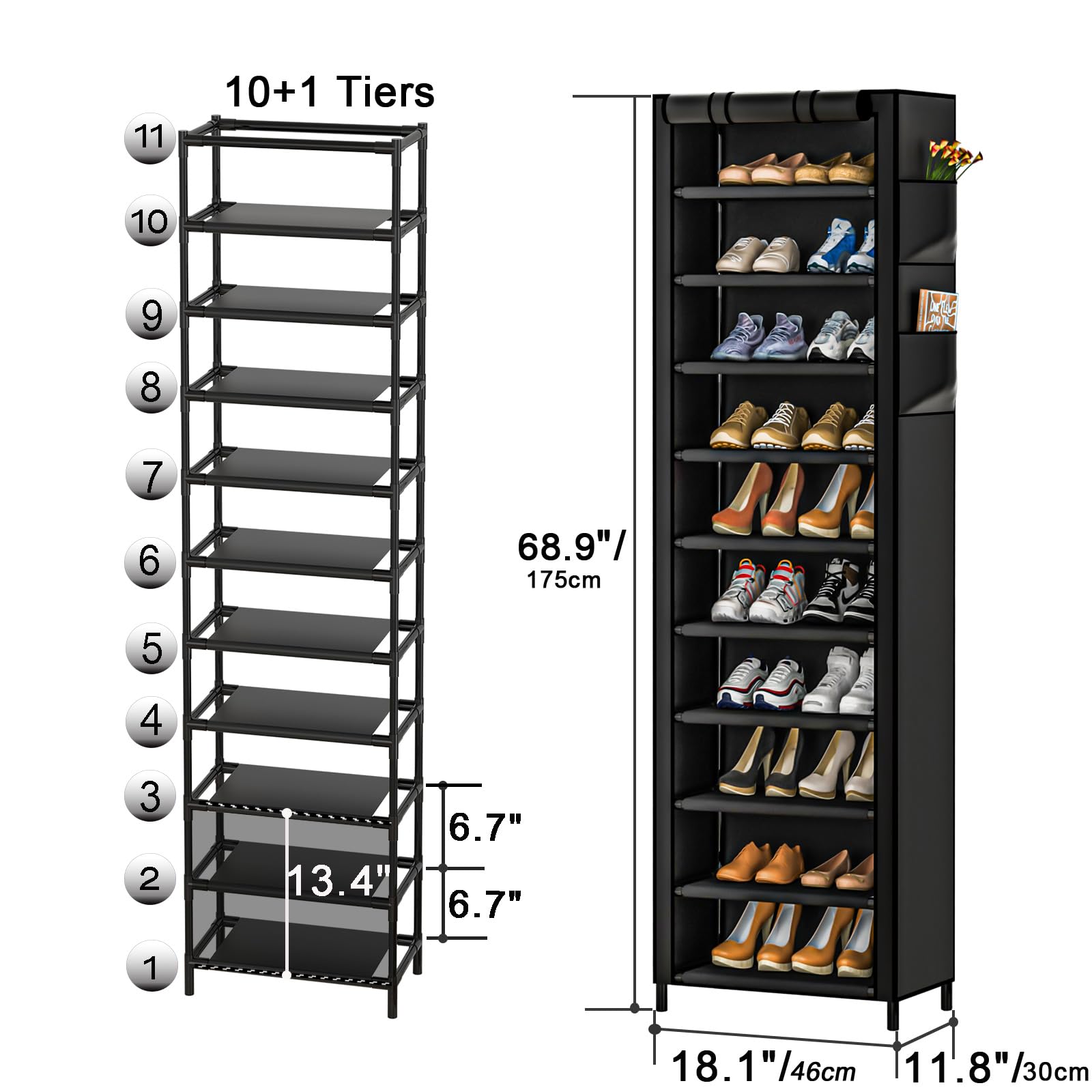 NUWFD 10-Tier Tall Shoe Rack Organizer with Dustproof Cover - Holds 20-22 Pairs, Vertical Stackable Shoe Shelf for Small Spaces, for Closet, Entryway, or Bedroom, Black