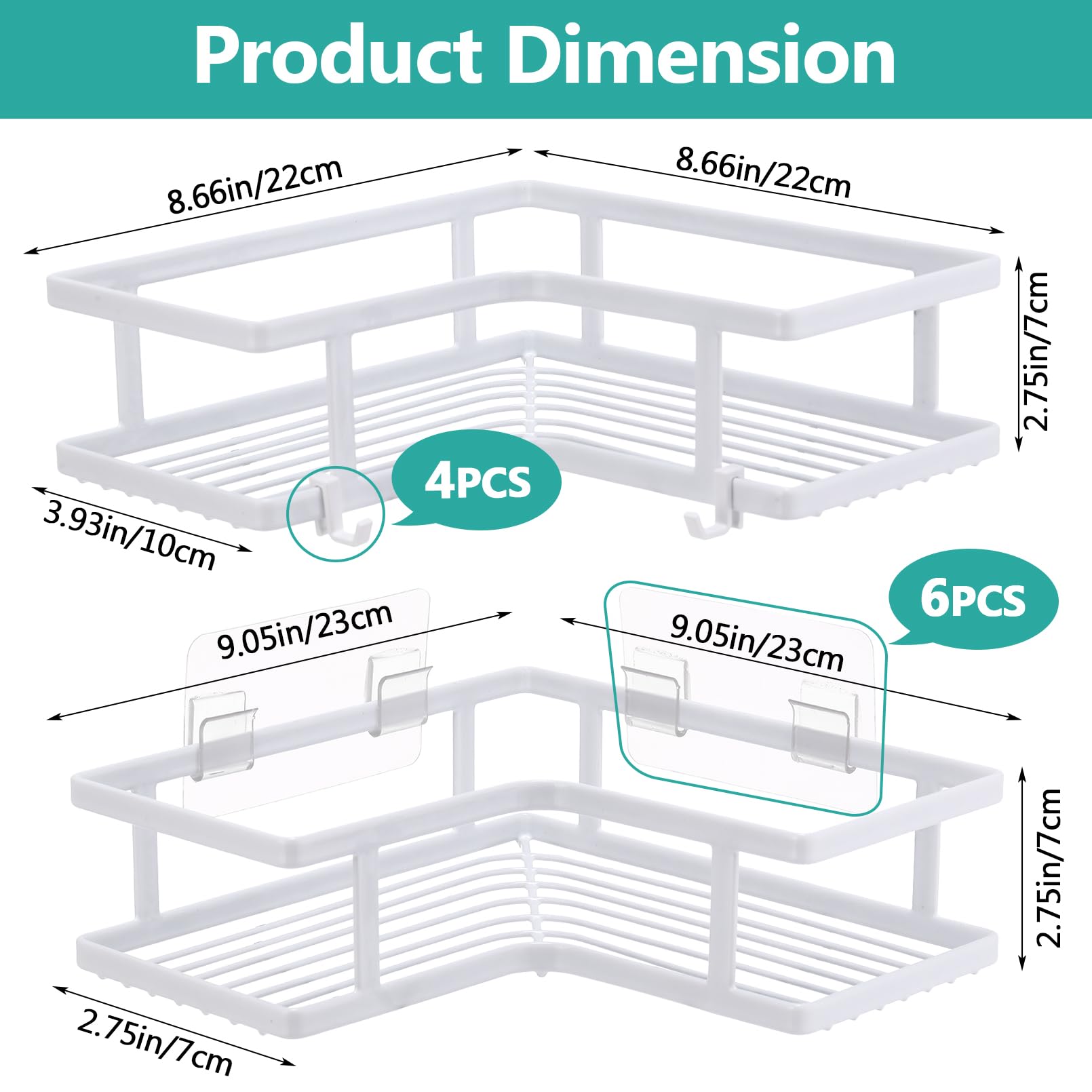 TORZCT Corner Shower Caddy 2pcs Adhesive Shower Shelves Organizer Rustproof Stainless Steel Shower Rack with 2 Hooks No Drilling Needs Bathroom Shelve Organizers for Bathroom,Kitchen Storage Rack