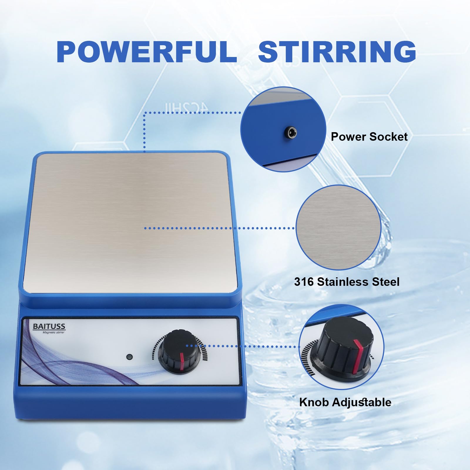 Magnetic Stirrer with Stir Bar, Stir Plate with Stainless Steel Worktop, 3000RPM Magnetic Stir Plate, Magnetic Mixer Max Stirring Capacity: 3500mL (No Heating)