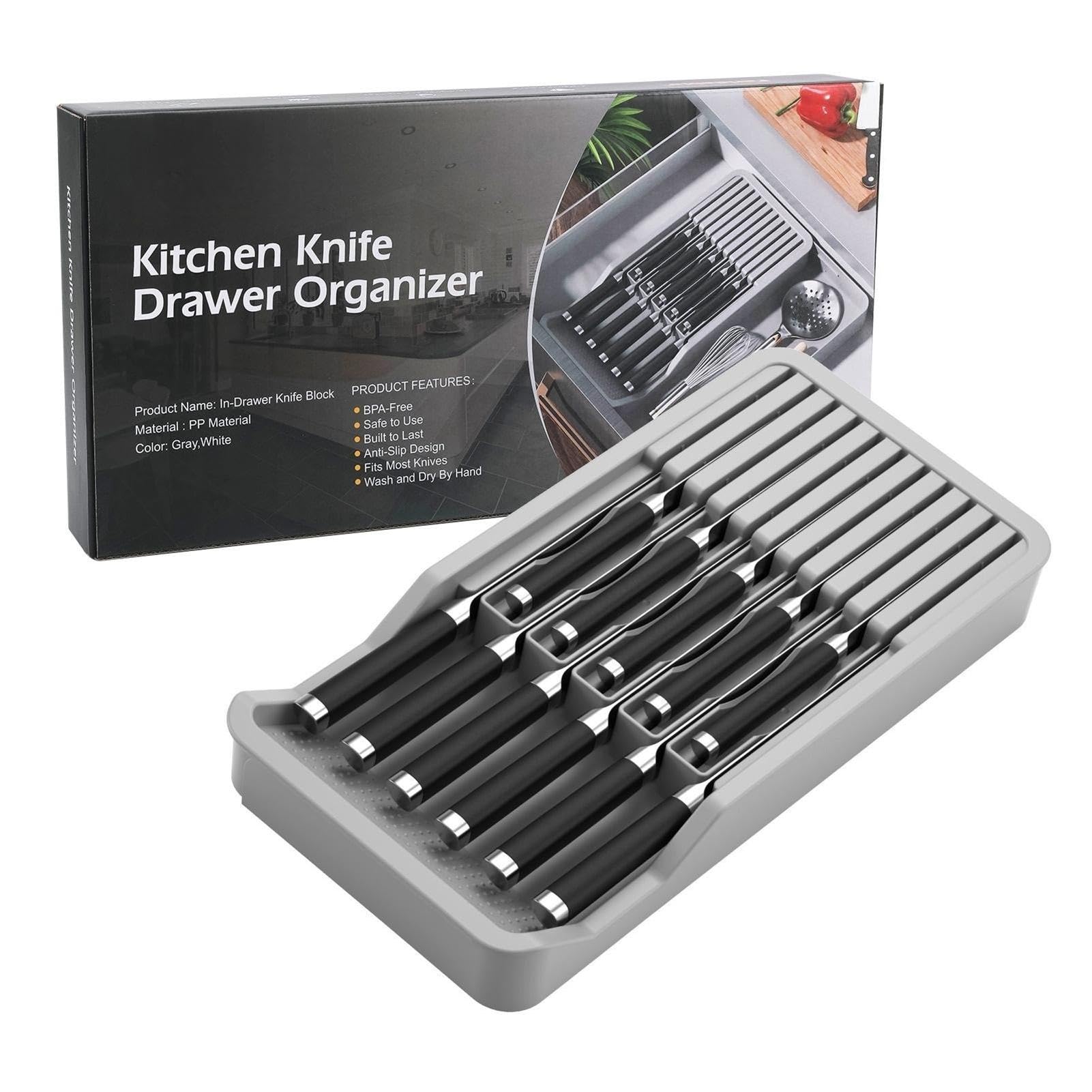 Knives Holder - Cutlery Tray Organizer, Knife Block for Drawer | Knife Holder for Drawer with Expandable Features, Compact Knives Holder for Drawer Storage, Expandable Cutlery Tray for Kitchen, Gray