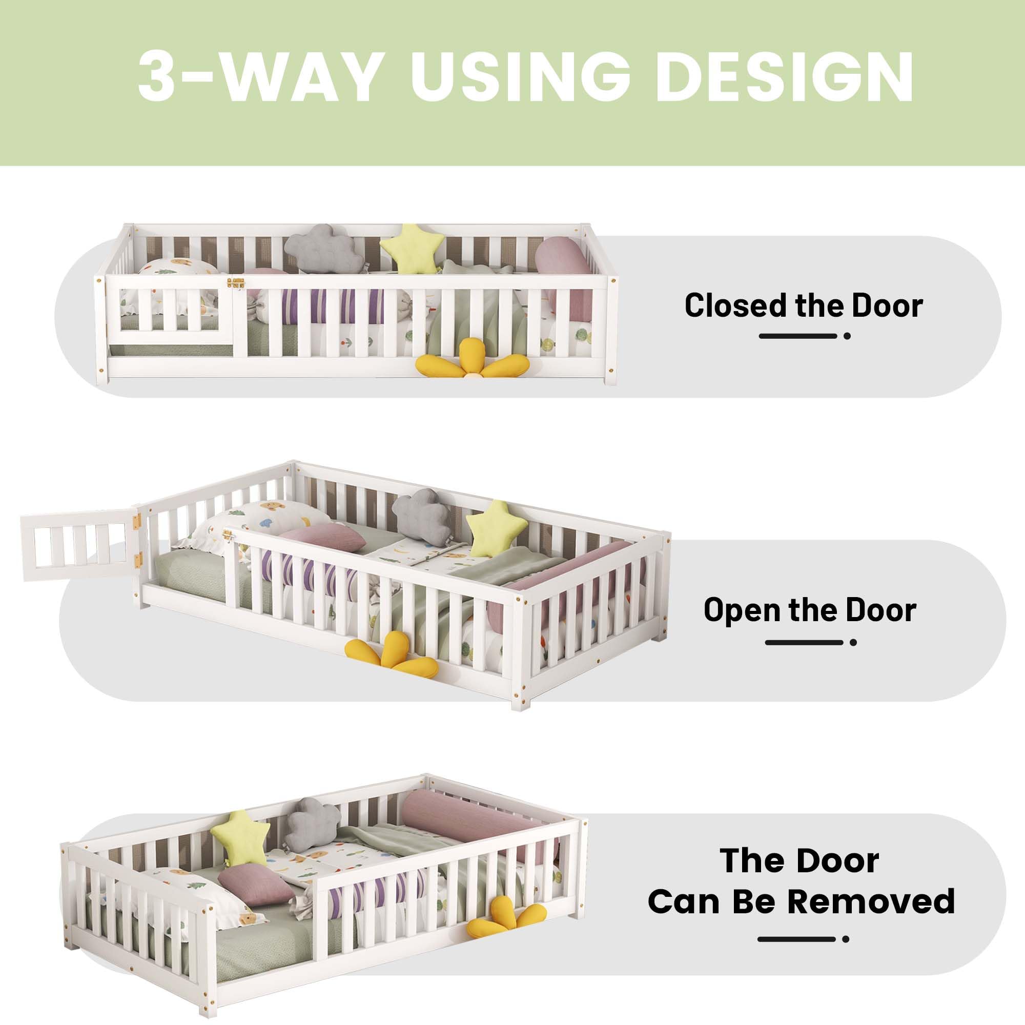 ACQCA Twin Size Floor Bed with Fence and Lockable Door, Wood Montessori Bed Frame with Slat Support for Kids,Boys,Girls,Easy Assembly, White