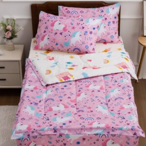 Meeting Story 3pcs Kids Comforter Sets Zipper Bedding Set for Girls,Twin Kid Bedding Set Rainbow Comforter Unicorn Bedding Set for Kid,All in one Zipper Bedding(Pink，Twin