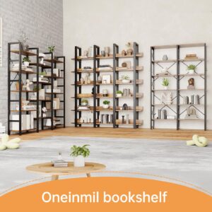 oneinmil 71" Tall Triple Wide 6 Tier Bookshelf, Industrial Style Bookcases, Open Display Shelves, Modern Tall Bookcase Furniture for Bedroom, Living Room and Home Office, Brown