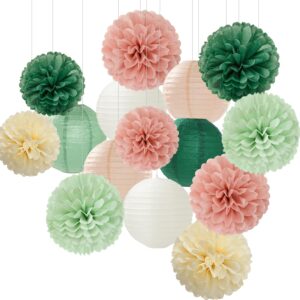 sage-green pink party-decorations paper-flowers lanterns - 15pcs birthday boho rustic tissue pom poms streamers,baby shower neutral wedding graduation bridal safari hanging supplies decor hugfond