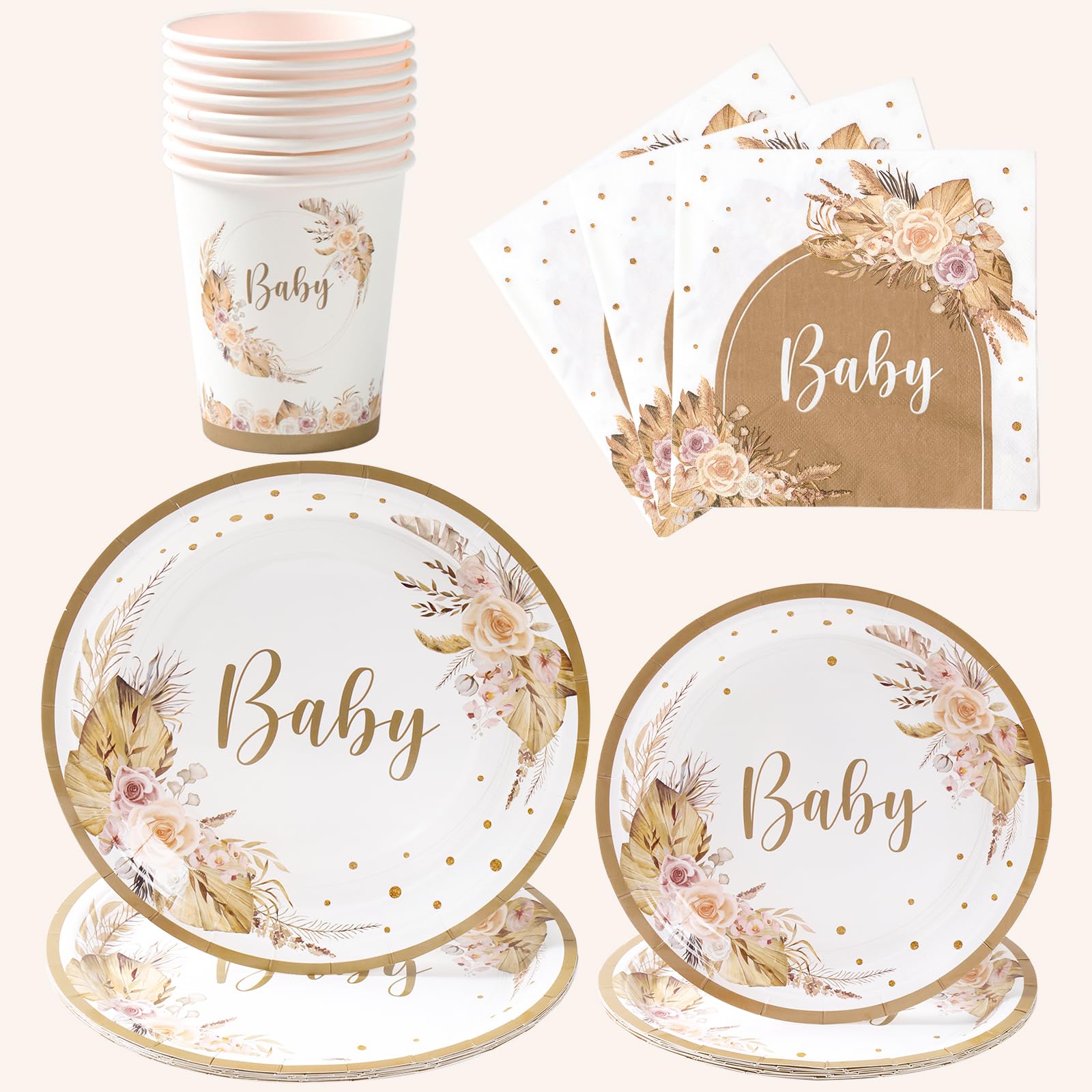 Boho Baby Shower Decorations Plates and Napkins Tableware for 24 Guests, Pampas Grass Floral Paper Plates Cups Design for Neutral Baby Shower Girl Boy Boho Party Supplies