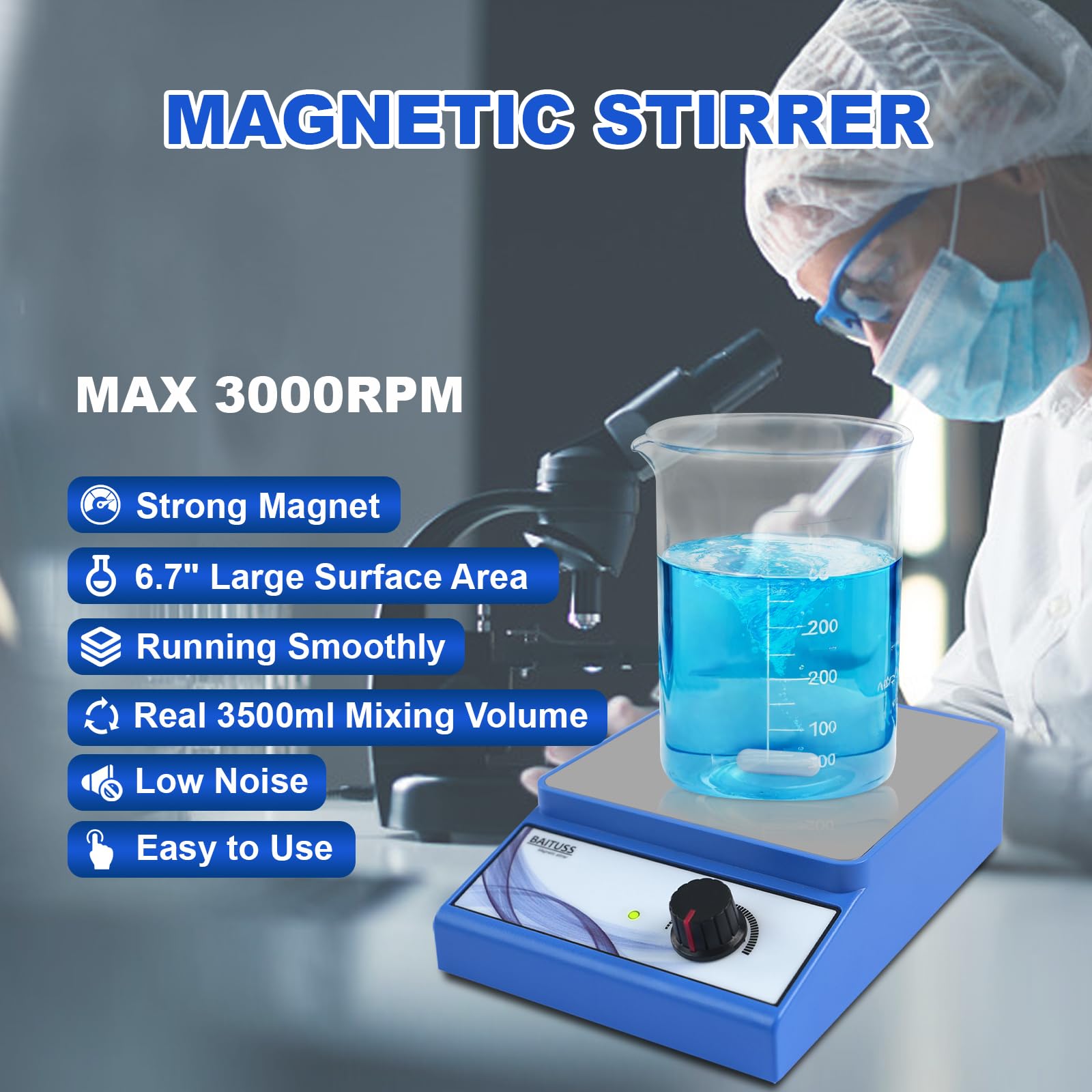 Magnetic Stirrer with Stir Bar, Stir Plate with Stainless Steel Worktop, 3000RPM Magnetic Stir Plate, Magnetic Mixer Max Stirring Capacity: 3500mL (No Heating)