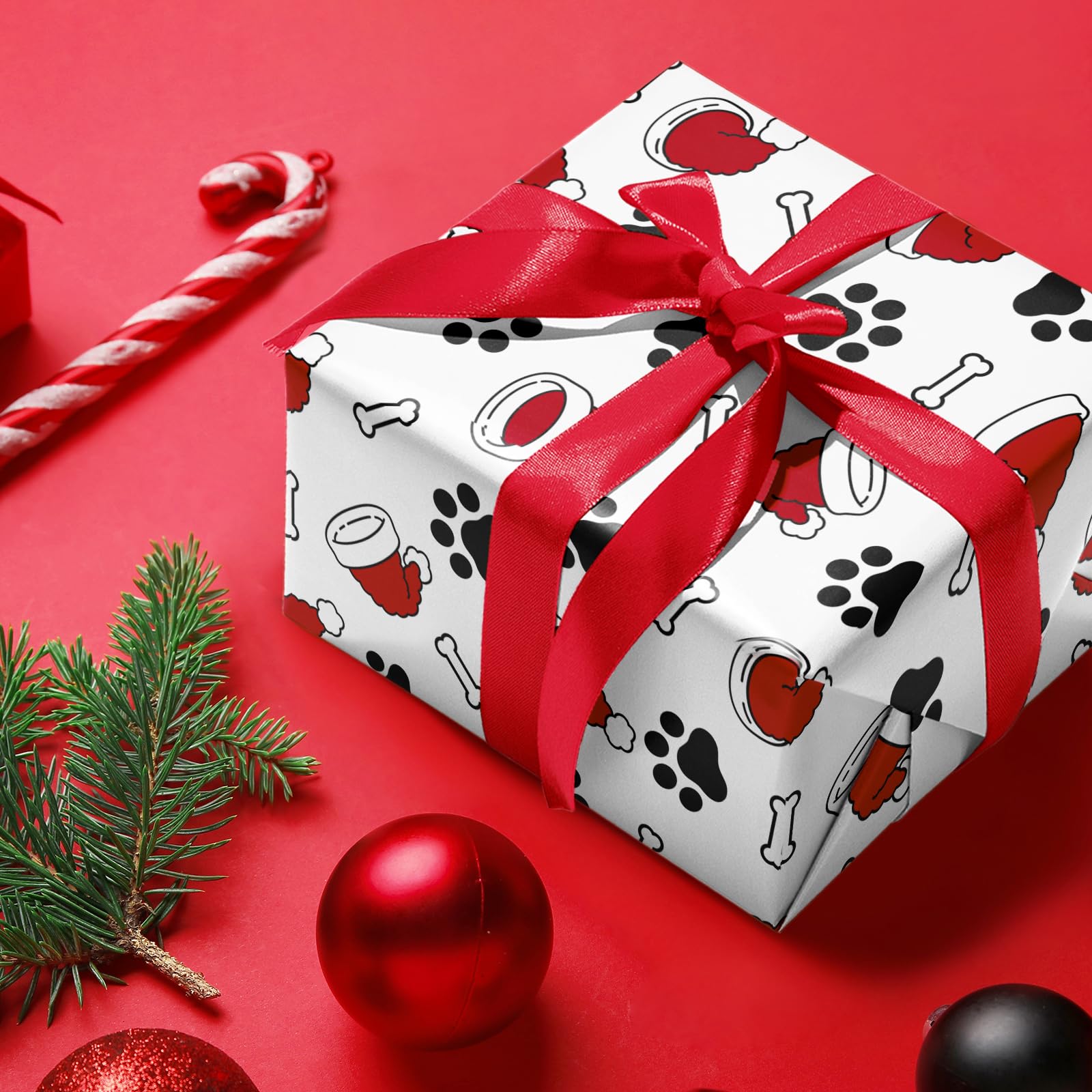 WRAPAHOLIC Christmas Wrapping Paper Sheet - 6 Sheets Christmas Hat and Dog Paw Design Folded Flat for Holiday, Party Celebration - 19.7 Inch x 27.5 Inch Per Sheet