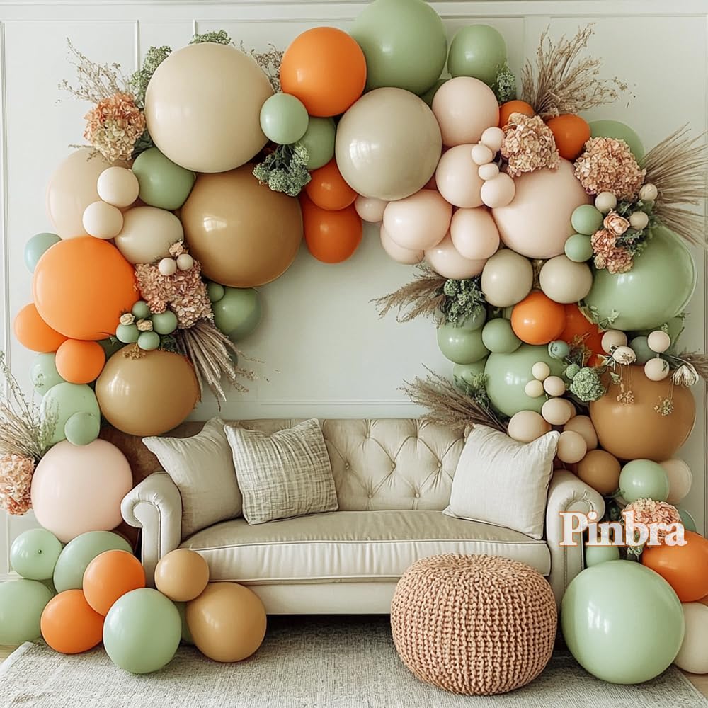 Dusty Green Orange Balloon Garland - Double Stuffed Blush Brown Nude Balloon Arch Avocado Green White Sand Balloons for Neutral Baby Shower Bridal Shower Gender Reveal Birthday Fall Party Decorations