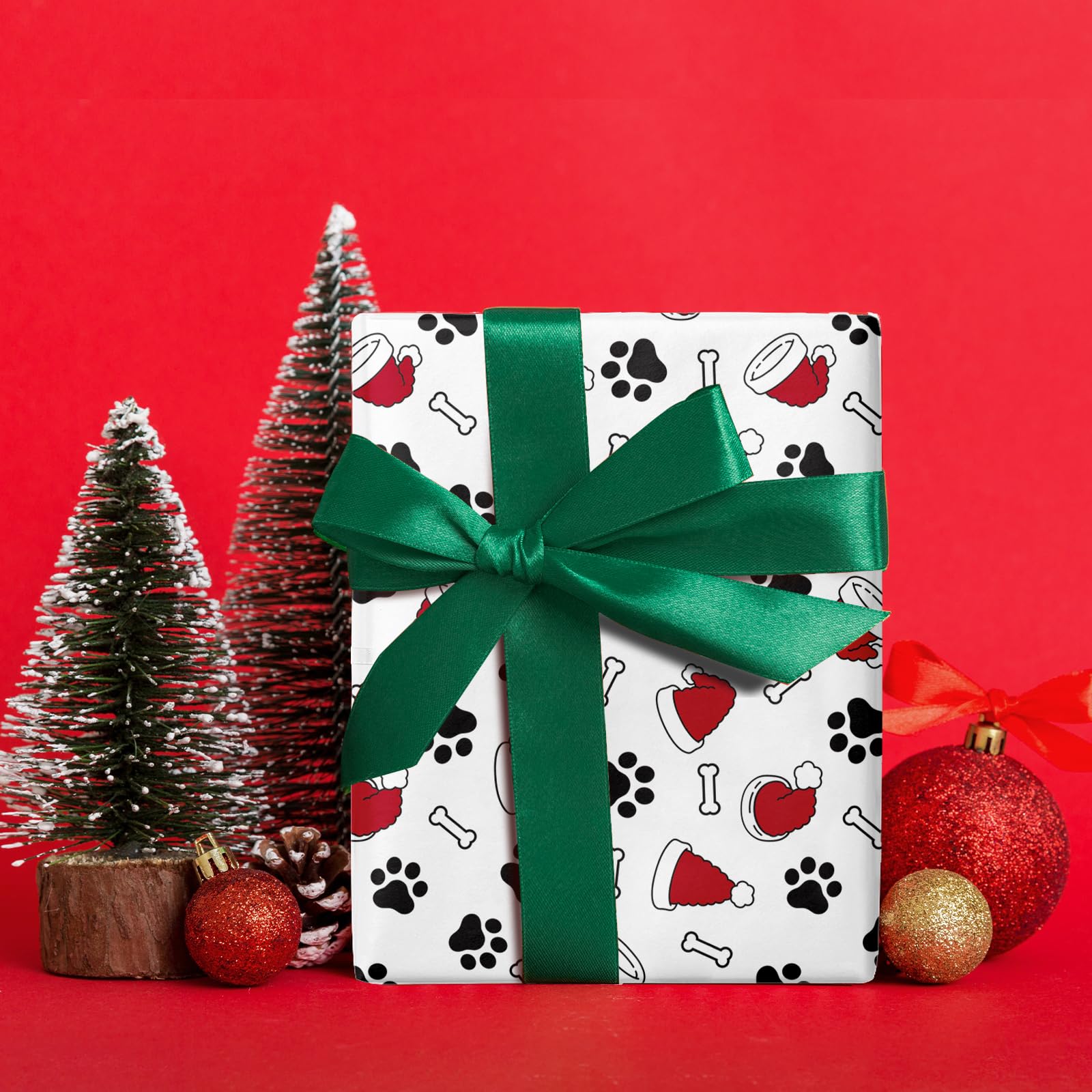 WRAPAHOLIC Christmas Wrapping Paper Sheet - 6 Sheets Christmas Hat and Dog Paw Design Folded Flat for Holiday, Party Celebration - 19.7 Inch x 27.5 Inch Per Sheet