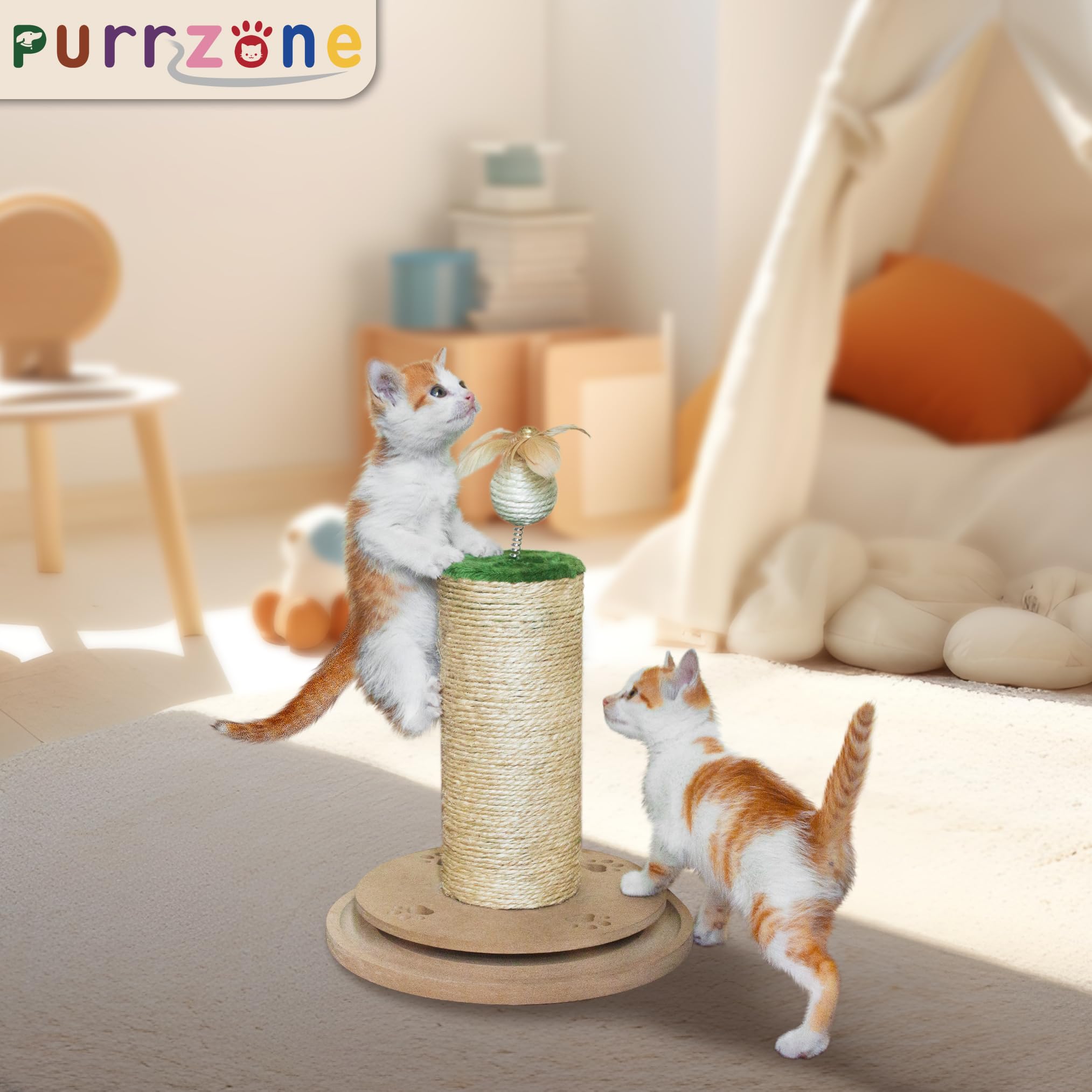 Purrzone Cat Scratching Post 3 in 1 Wooden Cat Toy with Cat Scratcher 17" Tall Cat Scratch Post with Track Balls Interactive Cat Toy for Indoor Kittens Adult Cats