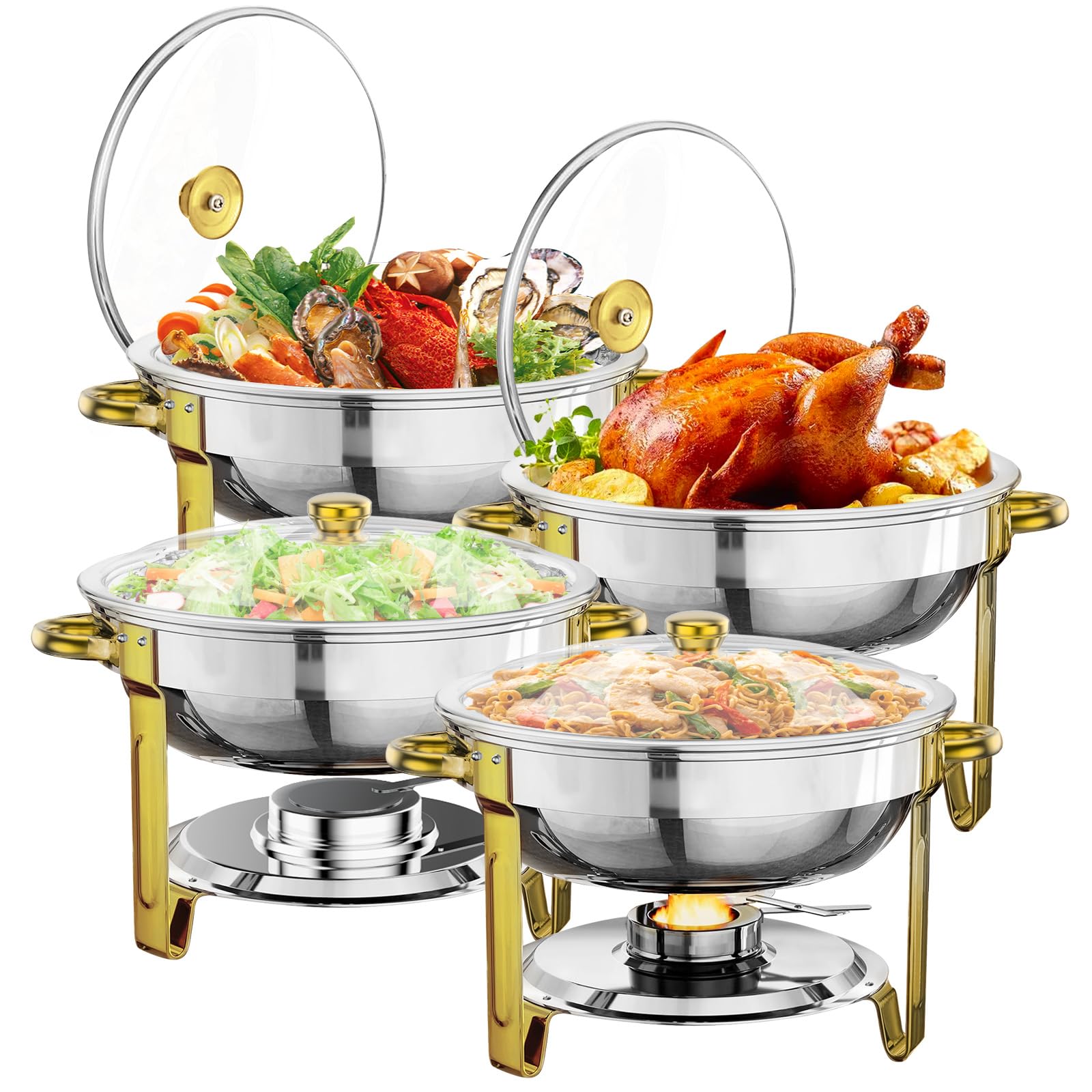 PitInnov Chafing Dish Buffet Set 4 Pack, 5 QT Round Chafing Dishes for Buffet, Stainless Steel Chafers and Buffet Warmers Sets, Catering Food Warmer for Parties, Weddings and Dinners