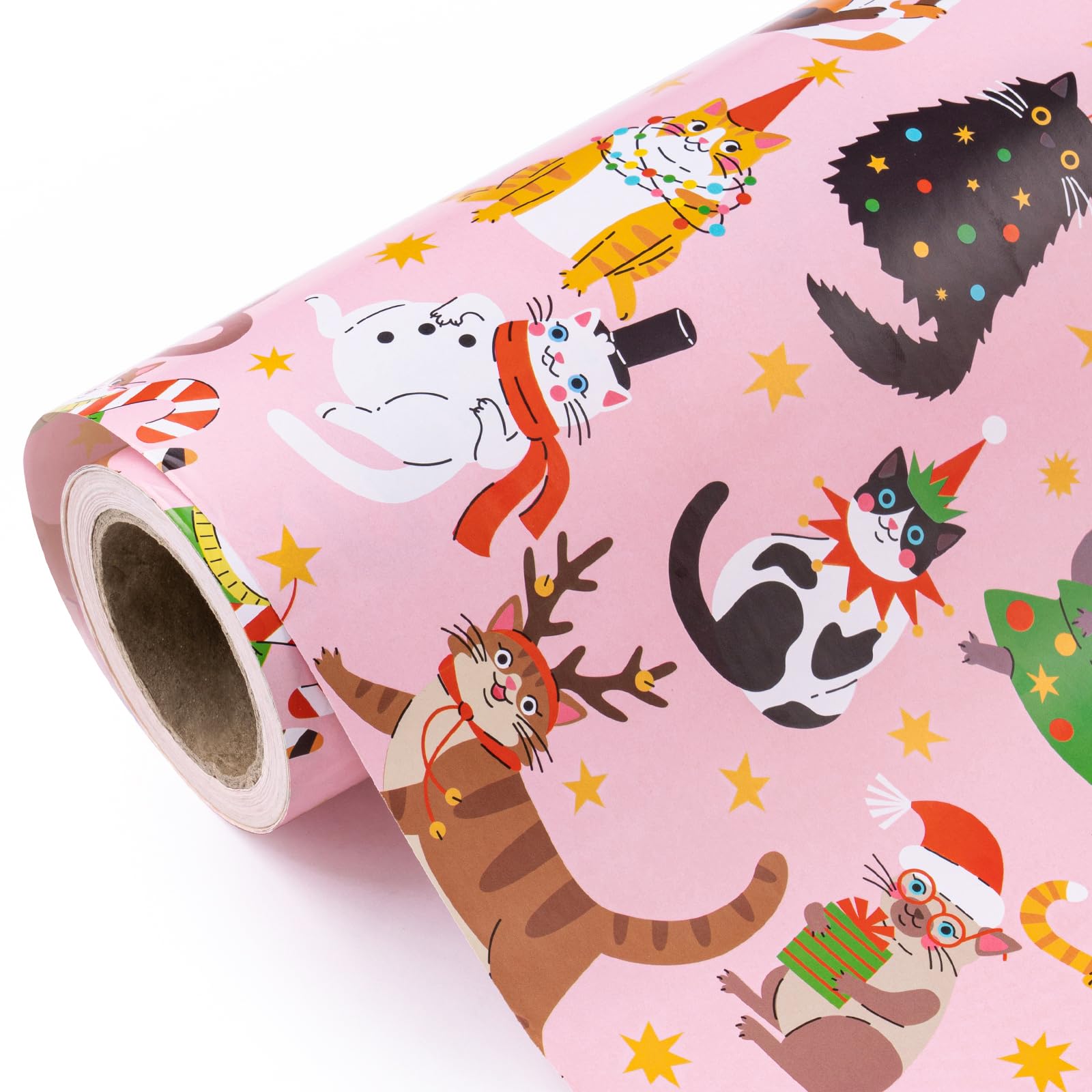 WRAPAHOLIC Christmas Wrapping Paper - Mini Roll - 17 Inch x 33 Feet - Adorable Christmas Cat Design for Christmas, Holiday, Party Celebration