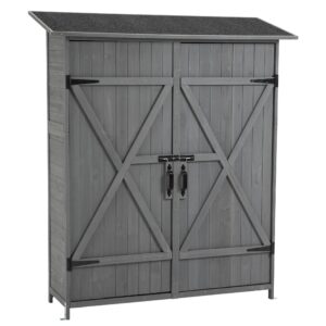 itworths outdoor storage cabinet with doors and shelves, lockable garden wood tool storage shed with waterproof pitch roof, hooks, outside shed closet for patio backyard, 56"l x 19.5"w x 64"h, grey