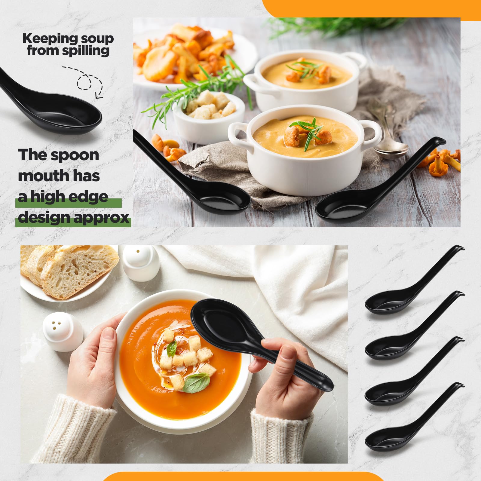 Hushee 200 Pcs Asian Soup Spoon Chinese Soup Spoons Bulk Large Melamine Noodle Ramen Spoons Reusable Japanese Noodle Spoons Wonton Rice Dumpling Pho Spoon Dinner Spoons for Home Restaurant Kitchen