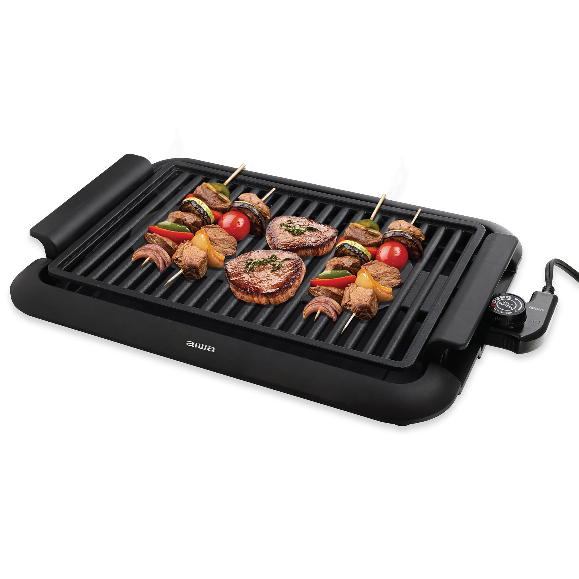 Aiwa 1200W Indoor Smokeless Grill with 5 Temperature Settings & Easy Cleaning, Black Ceramic Nonstick Skillet