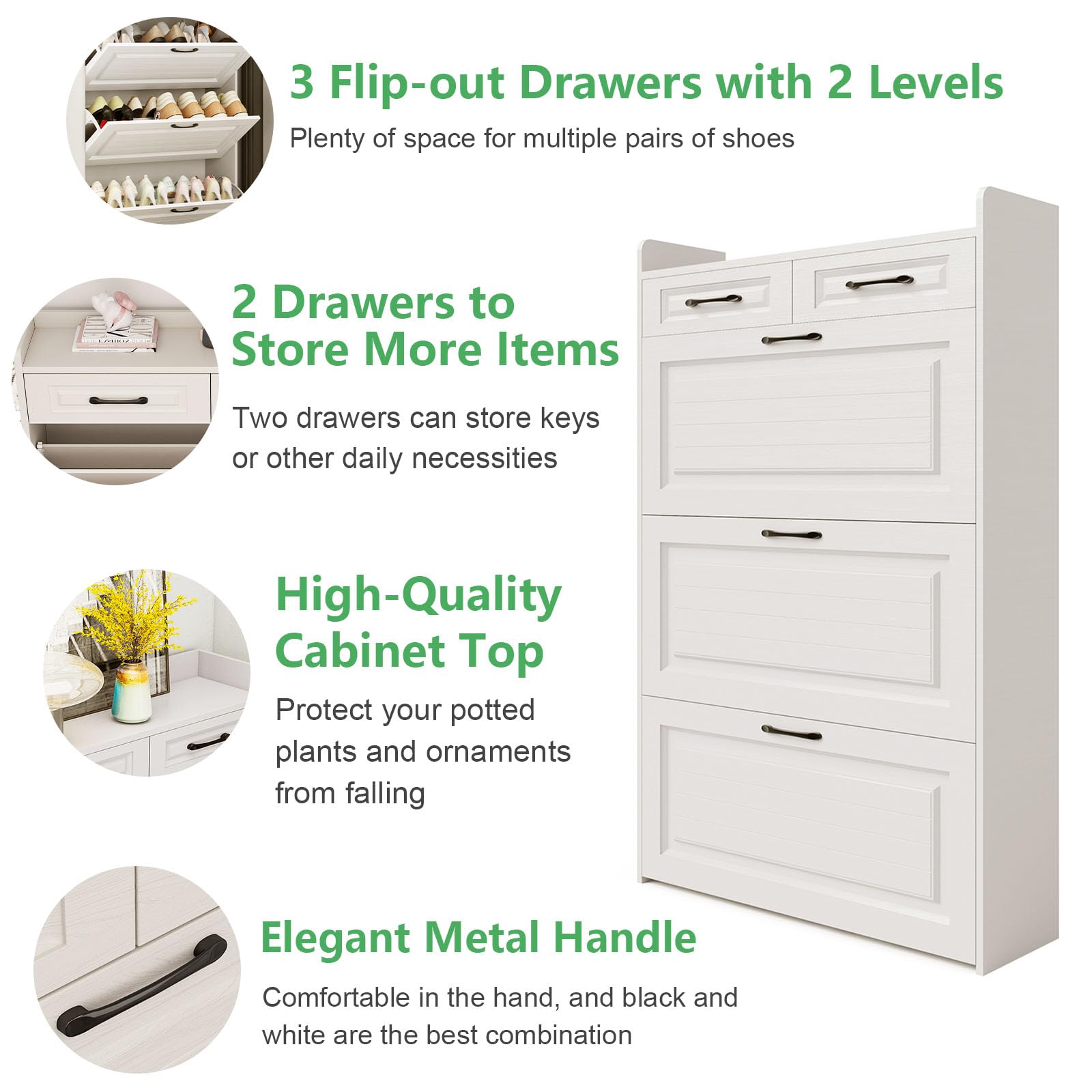 BFFGFFII Shoe Cabinet, Entryway Cabinet Wooden Shoe Rack with 3 Flip Drawers and 2 Drawers, 3-Tier Adjustable Shelves Shoe Cabinet Organizer Freestanding for Entryway Hallway, Living Room(White)