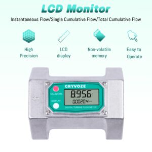 GRYVOZE 3 Inch Digital Flow Meter, 21-264 GPM Inline NPT Thread Fuel Turbine Flowmeter with LCD Display for Water, Diesel, Gas Oil, Gasoline, and Other Liquids (5 Units: Gallon, QTS, PTS, L, m³)