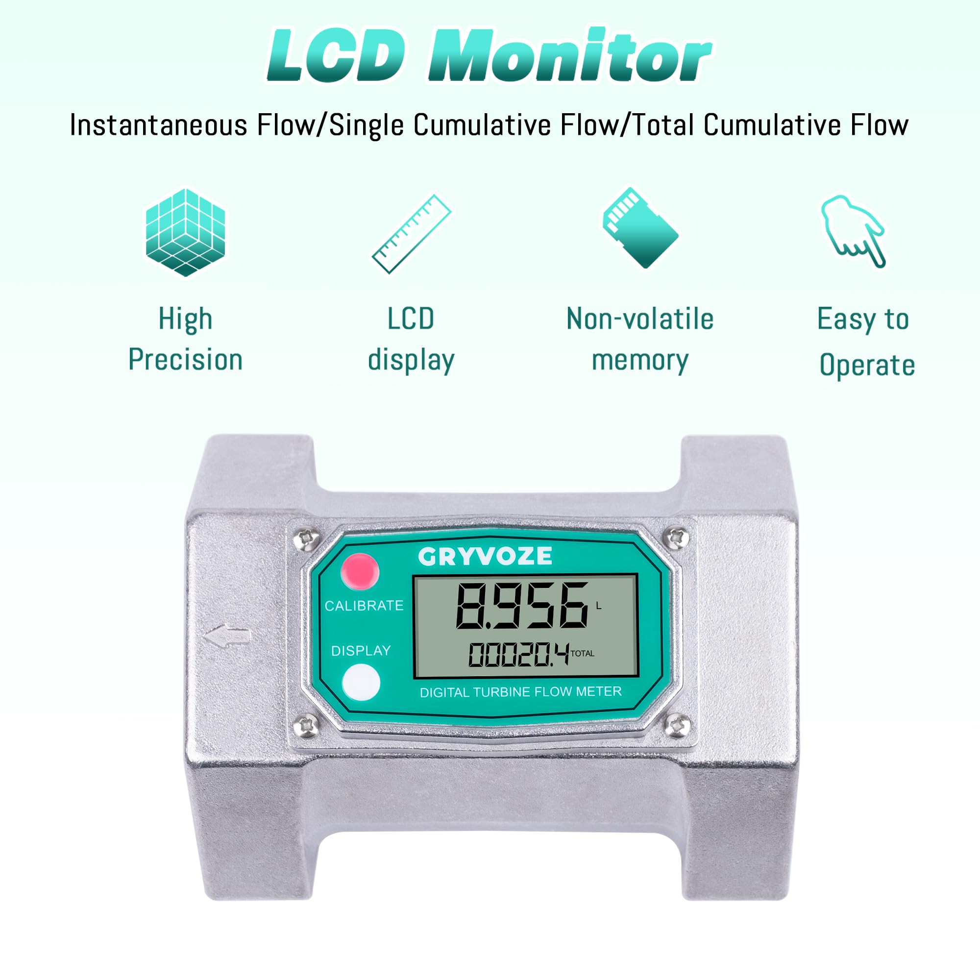 GRYVOZE 3 Inch Digital Flow Meter, 21-264 GPM Inline NPT Thread Fuel Turbine Flowmeter with LCD Display for Water, Diesel, Gas Oil, Gasoline, and Other Liquids (5 Units: Gallon, QTS, PTS, L, m³)